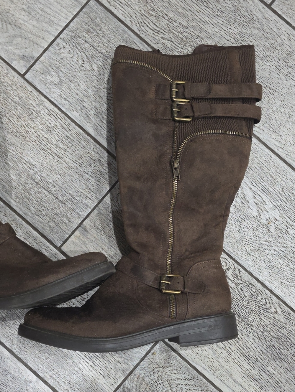 White Mountain Dark Brown Suede Mid-Calf Buckle Boots